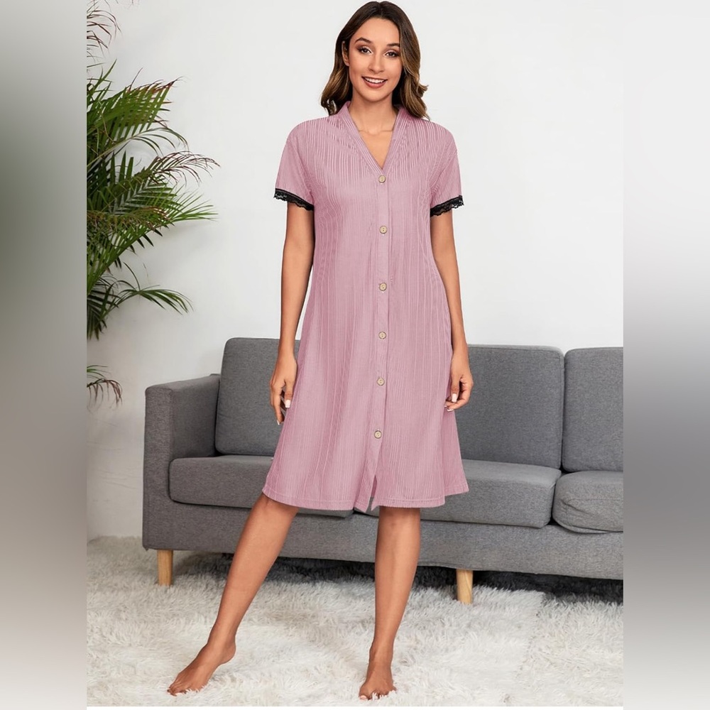 NEW button-down pink Nightgown cozy women  boho  lace size XL